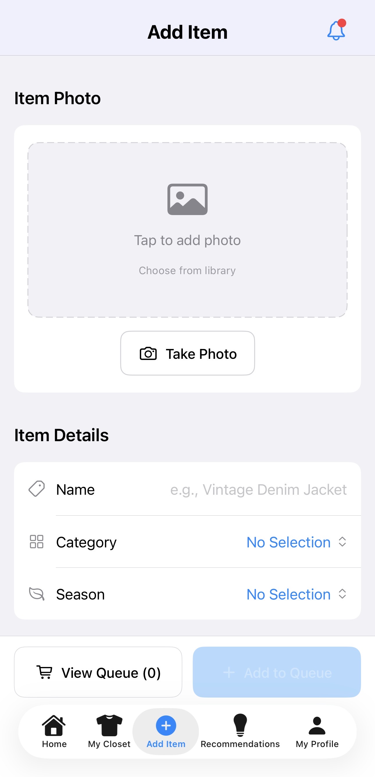 Add new item screen